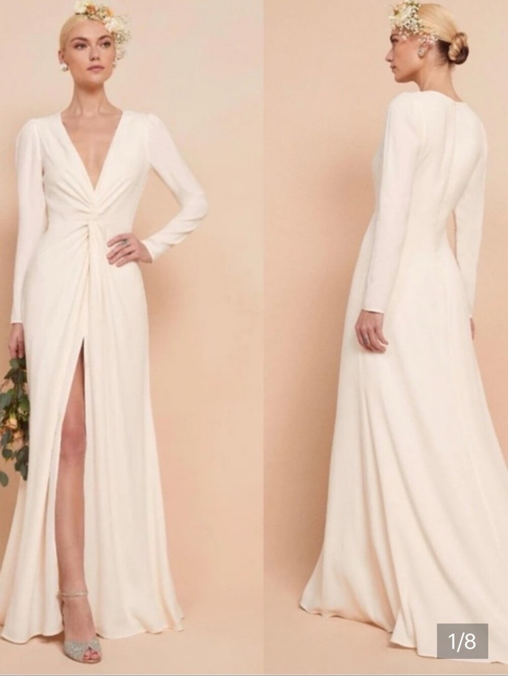 Reformation Gatsby Cream Long Sleeve V-Neck Twist Front Gown Size 4